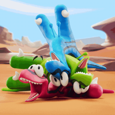 A Group Of Cartoon Characters Are Laying On Top Of Each Other In A Desert GIF