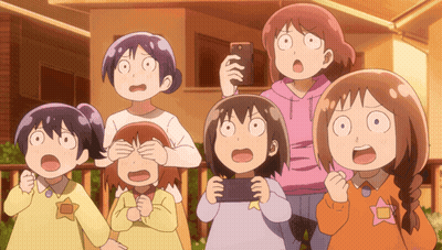 A Group Of Cartoon Characters Are Looking At A Cell Phone GIF