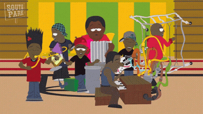 A Group Of Cartoon Characters Are Playing Music In Front Of A Sign That Says South Park GIF