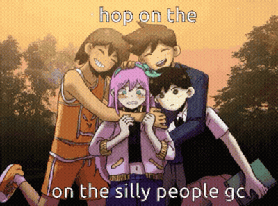 A Group Of Cartoon Characters Are Posing For A Picture With The Caption " Hop On The On The Silly People Go " GIF