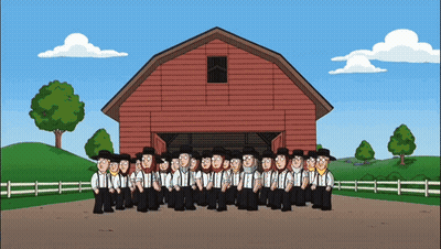 A Group Of Cartoon Characters Are Posing In Front Of A Barn GIF
