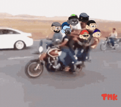 A Group Of Cartoon Characters Are Riding A Motorcycle On A Road GIF