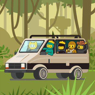 A Group Of Cartoon Characters Are Riding In A Van In The Woods GIF