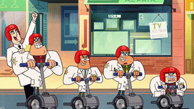 A Group Of Cartoon Characters Are Riding Segways In Front Of A Store That Says Tv Repair Buy Sell GIF