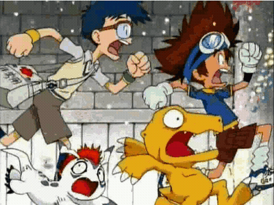 A Group Of Cartoon Characters Are Running Away From A Monster . GIF