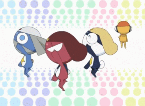 A Group Of Cartoon Characters Are Running In A Line GIF