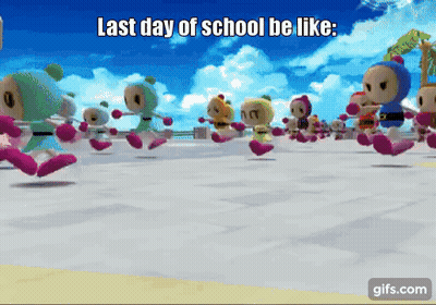 A Group Of Cartoon Characters Are Running On A White Surface With The Words Last Day Of School Be Like GIF