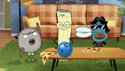 A Group Of Cartoon Characters Are Sitting Around A Table With A Bowling Ball And Pizza On It GIF
