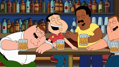 A Group Of Cartoon Characters Are Sitting At A Table Holding Mugs Of Beer GIF