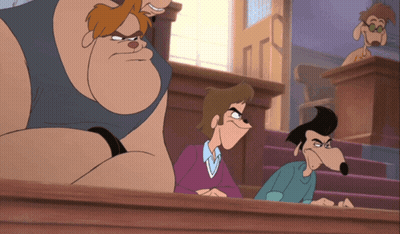 A Group Of Cartoon Characters Are Sitting At A Table In A Court Room GIF