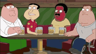 A Group Of Cartoon Characters Are Sitting At A Table With Beer Mugs And One Of Them Has A Face Painted Red GIF