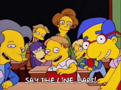 A Group Of Cartoon Characters Are Sitting At Desks In A Classroom And One Of Them Says Say The Line Bart . GIF