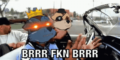 A Group Of Cartoon Characters Are Sitting In A Car With The Words Brrr Fkn Brrr On The Bottom GIF