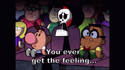 A Group Of Cartoon Characters Are Sitting In A Dark Room With The Words " You Ever Get The Feeling " GIF