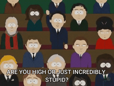 A Group Of Cartoon Characters Are Sitting In A Row With The Words Are You High Or Just Incredibly Stupid GIF