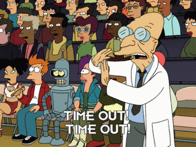 A Group Of Cartoon Characters Are Sitting In A Stadium And One Of Them Says Time Out Time Out GIF