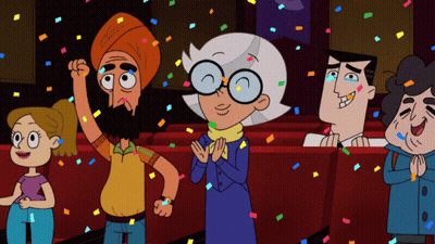 A Group Of Cartoon Characters Are Sitting In A Theater With Confetti Falling Around Them GIF