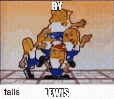 A Group Of Cartoon Characters Are Stacked On Top Of Each Other And The Caption Says By Lewis Falls GIF