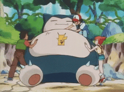 A Group Of Cartoon Characters Are Standing Around A Giant Snorlax Sleeping On The Ground . GIF