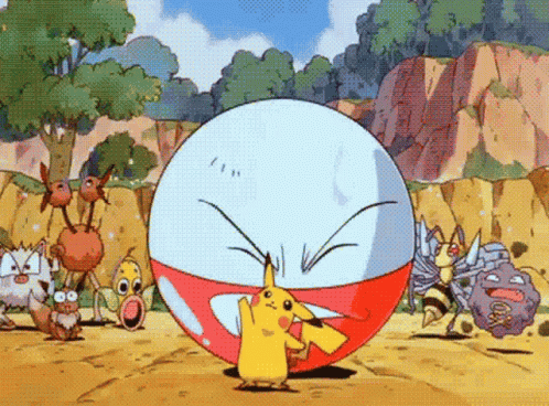 A Group Of Cartoon Characters Are Standing Around A Large Ball With A Pikachu On It . GIF