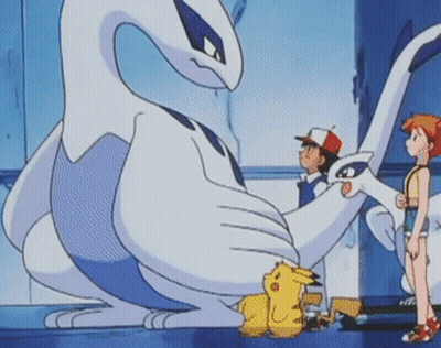 A Group Of Cartoon Characters Are Standing Around A Large White Swan GIF