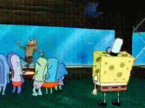 A Group Of Cartoon Characters Are Standing Around A Spongebob Squarepants GIF