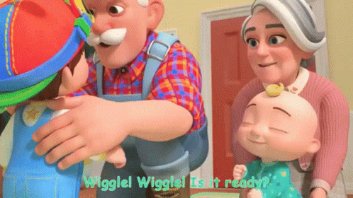 A Group Of Cartoon Characters Are Standing Around A Table And One Of Them Is Holding A Baby . GIF