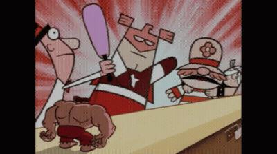 A Group Of Cartoon Characters Are Standing Around A Table And One Of Them Is Holding A Bat With The Letter B On It GIF