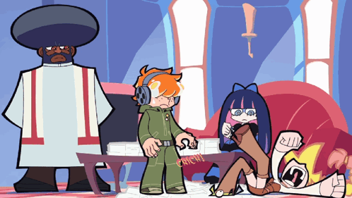 A Group Of Cartoon Characters Are Standing Around A Table That Says Crunch On It GIF
