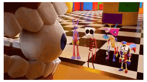 A Group Of Cartoon Characters Are Standing In A Checkered Room Sticker