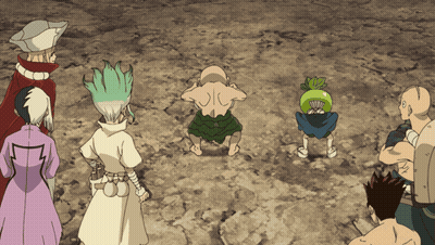 A Group Of Cartoon Characters Are Standing In A Circle And One Of Them Has A Green Fan On His Head GIF