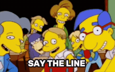 A Group Of Cartoon Characters Are Standing In A Classroom With The Words Say The Line On The Bottom GIF