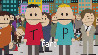 A Group Of Cartoon Characters Are Standing In A Crowd And The Word Fart Is On The Bottom Left GIF