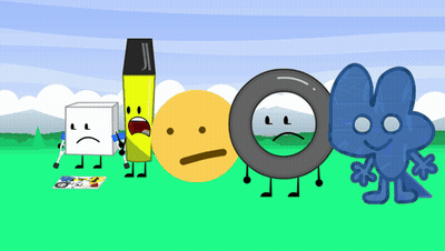A Group Of Cartoon Characters Are Standing In A Field Including A Yellow Marker And A Tire GIF