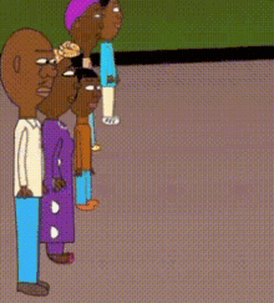 A Group Of Cartoon Characters Are Standing In A Line GIF