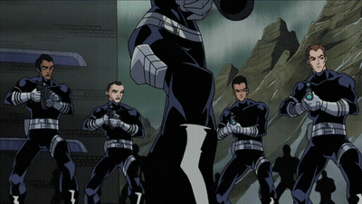 A Group Of Cartoon Characters Are Standing In A Line GIF