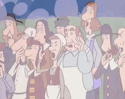 a group of cartoon characters are standing in a line with one woman screaming