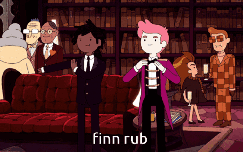 A Group Of Cartoon Characters Are Standing In A Room And The Word Finn Rub Is On The Bottom Right GIF