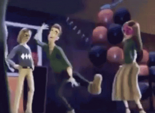 A Group Of Cartoon Characters Are Standing In A Room With Bowling Balls GIF