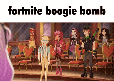A Group Of Cartoon Characters Are Standing In A Room With The Words " Fortnite Boogie Bomb " On The Top GIF