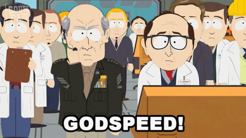 A Group Of Cartoon Characters Are Standing In A Room With The Words Godspeed On The Bottom GIF