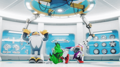 A Group Of Cartoon Characters Are Standing In A Room With Wheels On The Walls GIF