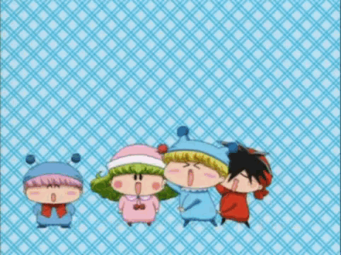 A Group Of Cartoon Characters Are Standing In Front Of A 40Th Tv Tokyo Logo GIF