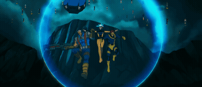 A Group Of Cartoon Characters Are Standing In Front Of A Blue Shield GIF