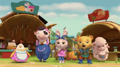 A Group Of Cartoon Characters Are Standing In Front Of A Building With A Sign That Says Cheese GIF