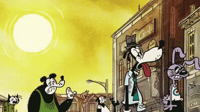 A Group Of Cartoon Characters Are Standing In Front Of A Building With A Sign That Says ' G & L ' On It GIF
