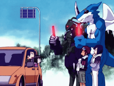 A Group Of Cartoon Characters Are Standing In Front Of A Car And One Of Them Is Holding A Red Light GIF