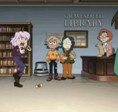 A Group Of Cartoon Characters Are Standing In Front Of A Gravefield Library . GIF