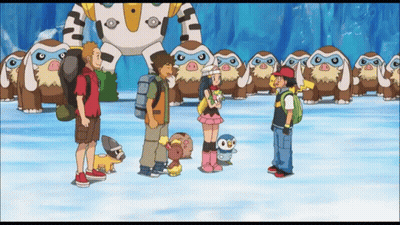 A Group Of Cartoon Characters Are Standing In Front Of A Row Of Monkeys GIF