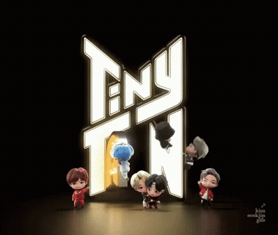 A Group Of Cartoon Characters Are Standing In Front Of A Sign That Says " Tiny Tan " GIF